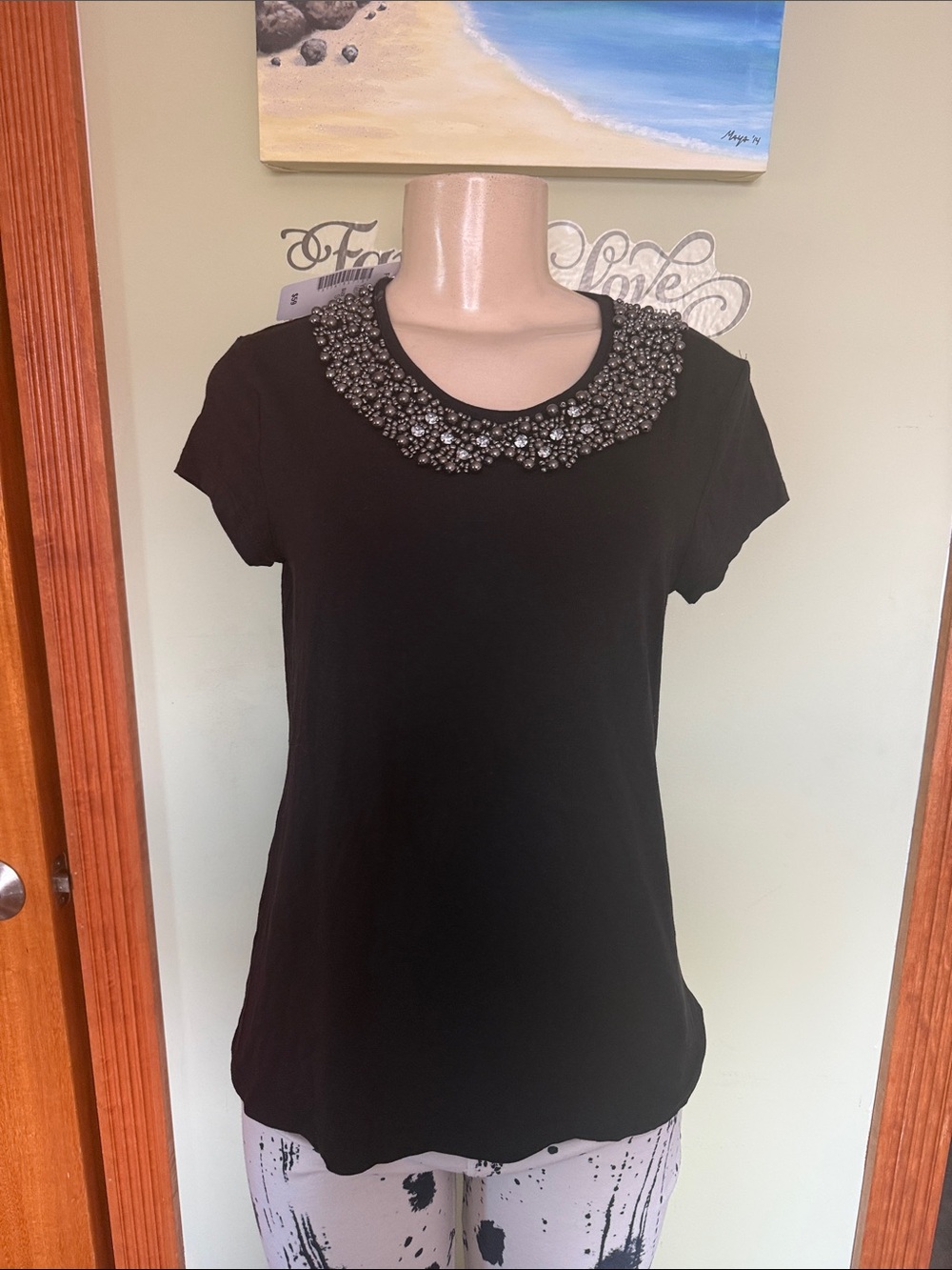 Willi Smith Black Short Sleeve Top with Beaded Collar